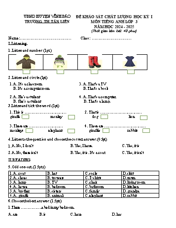 Đề khảo sát chất lượng học kỳ I môn Tiếng Anh Lớp 3 - Năm học 2024-2025 - Trường Tiểu học Tân Liên (Có đáp án + File nghe)