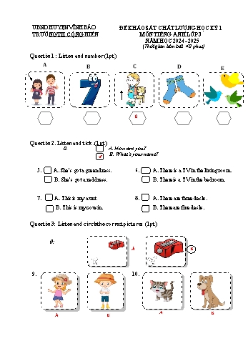 Đề khảo sát chất lượng học kỳ I môn Tiếng Anh Lớp 3 - Năm học 2024-2025 - Trường Tiểu học Cộng Hiền (Có đáp án)