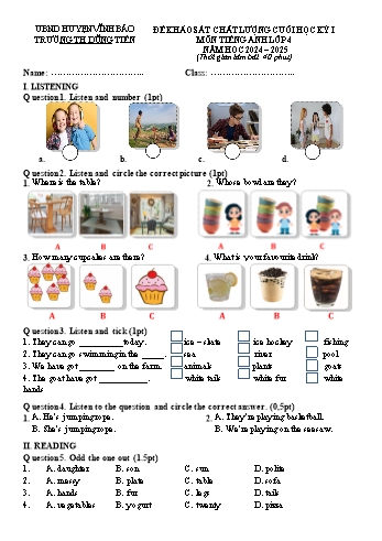 Đề khảo sát chất lượng học kỳ I môn Tiếng Anh Lớp 4 - Năm học 2024-2025 - Trường Tiểu học Dũng Tiến (Kèm đáp án + File nghe)