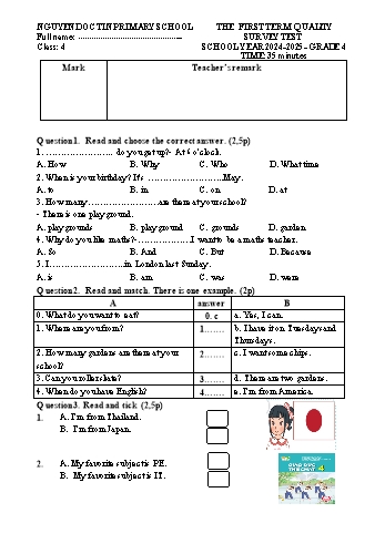 Đề khảo sát chất lượng học kỳ I môn Tiếng Anh Lớp 4 - Năm học 2024-2025 - Trường Tiểu học Nguyễn Đốc Tín (Có đáp án)