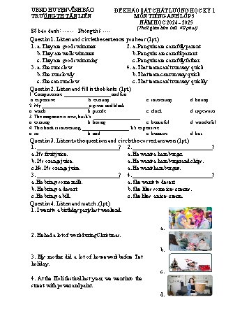Đề khảo sát chất lượng học kỳ I môn Tiếng Anh Lớp 5 - Năm học 2024-2025 - Trường Tiểu học Tân Liên (Có đáp án + File nghe)