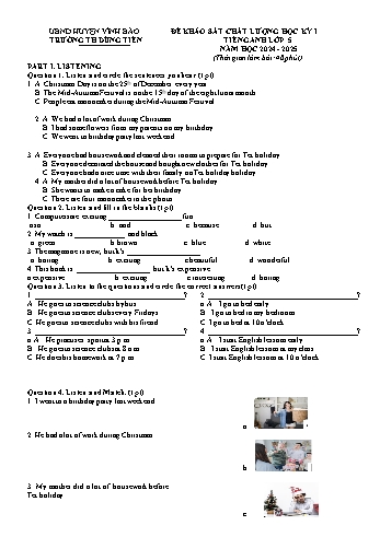 Đề khảo sát chất lượng học kỳ I môn Tiếng Anh Lớp 5 - Năm học 2024-2025 - Trường Tiểu học Dũng Tiến (Kèm file nghe)