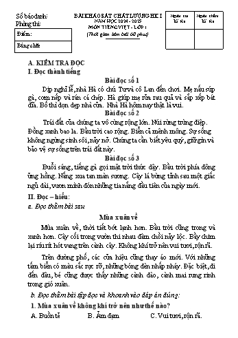 Đề khảo sát chất lượng học kỳ I môn Tiếng Việt Lớp 1 - Năm học 2024-2025 - Trường Tiểu học Tân Hưng (Có đáp án)