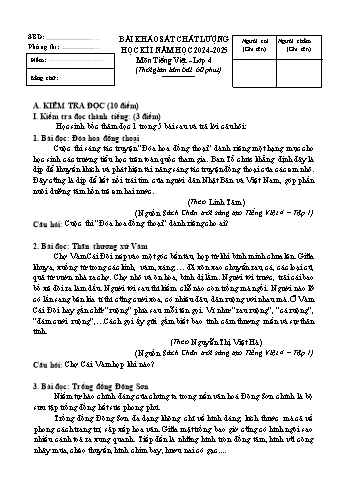 Đề khảo sát chất lượng học kỳ I môn Tiếng Việt Lớp 4 - Năm học 2024-2025 (Có đáp án)