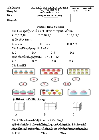 Đề khảo sát chất lượng học kỳ I môn Toán Lớp 1 - Năm học 2024-2025 - Trường Tiểu học Tân Hưng (Có đáp án)
