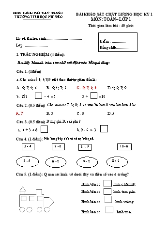 Đề khảo sát chất lượng học kỳ I môn Toán Lớp 1 - Năm học 2024-2025 - Trường Tiểu học Núi Đèo (Có đáp án + Ma trận)