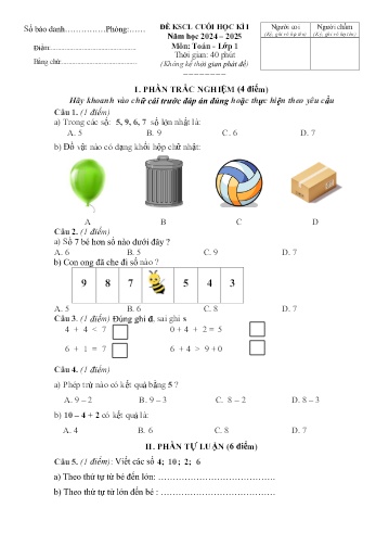 Đề khảo sát chất lượng học kỳ I môn Toán Lớp 1 - Năm học 2024-2025 - Trường Tiểu học Hưng Nhân (Có đáp án)