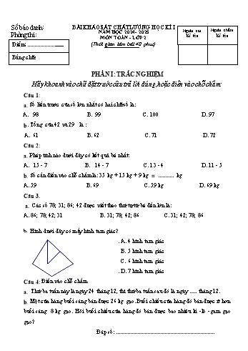 Đề khảo sát chất lượng học kỳ I môn Toán Lớp 2 - Năm học 2024-2025 - Trường Tiểu học Tân Hưng (Có đáp án)