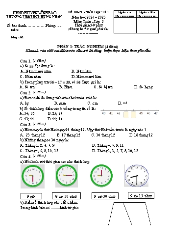 Đề khảo sát chất lượng học kỳ I môn Toán Lớp 2 - Năm học 2024-2025 - Trường TH&THCS Hưng Nhân (Có đáp án)
