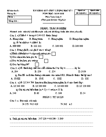 Đề khảo sát chất lượng học kỳ I môn Toán Lớp 4 - Năm học 2024-2025 - Trường Tiểu học Tân Liên (Có đáp án)