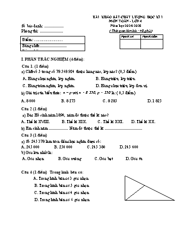 Đề khảo sát chất lượng học kỳ I môn Toán Lớp 4 - Năm học 2024-2025 (Có đáp án)