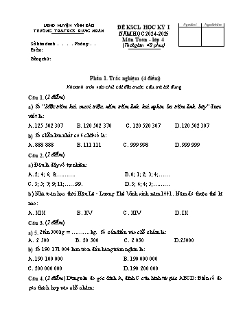 Đề khảo sát chất lượng học kỳ I môn Toán Lớp 4 - Năm học 2024-2025 - Trường TH&THCS Hưng Nhân (Có đáp án + Ma trận)