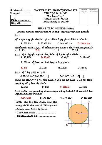 Đề khảo sát chất lượng học kỳ I môn Toán Lớp 5 - Năm học 2024-2025 (Có đáp án)