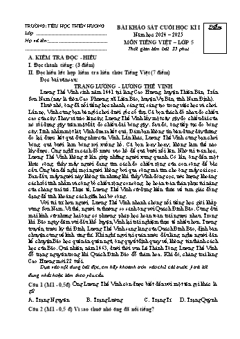 Đề khảo sát cuối học kỳ I môn Tiếng Việt Lớp 5 - Năm học 2024-2025 - Trường Tiểu học Thiên Hương (Có đáp án + Ma trận)