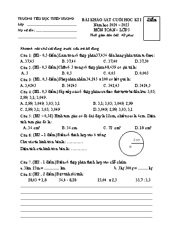 Đề khảo sát cuối học kỳ I môn Toán Lớp 5 - Năm học 2024-2025 - Trường Tiểu học Thiên Hương (Có đáp án + Ma trận)