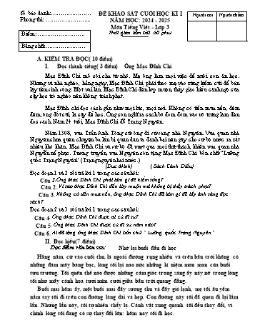 Đề khảo sát cuối học kỳ I môn Toán + Tiếng Việt Lớp 3 - Năm học 2024-2025 - Trường Tiểu học Dũng Tiến (Có đáp án)