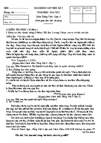 Đề khảo sát cuối học kỳ I môn Toán + Tiếng Việt Lớp 4 - Năm học 2024-2025 - Trường Tiểu học Dũng Tiến (Có đáp án)