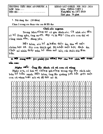 Đề khảo sát giữa học kỳ I Tiếng Việt Lớp 1 - Năm học 2023-2024 - Trường Tiểu học An Phước A (Có đáp án)