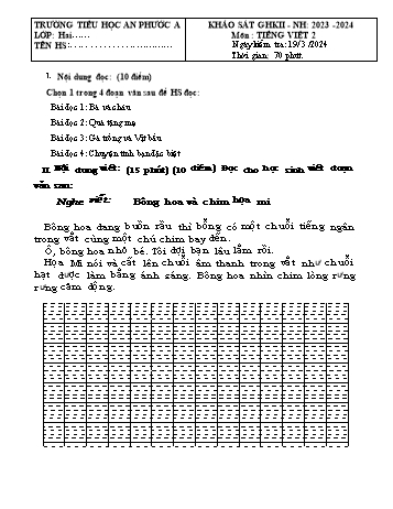 Đề khảo sát giữa học kỳ II Tiếng Việt Lớp 2 - Năm học 2023-2024 - Trường Tiểu học An Phước A (Có đáp án)