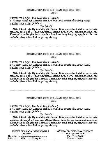 Đề kiểm tra chất lượng cuối học kỳ I môn Tiếng Việt Lớp 3 - Năm học 2024-2025 - Trường Tiểu học Nguyễn Công Trứ (Có đáp án + Ma trận)