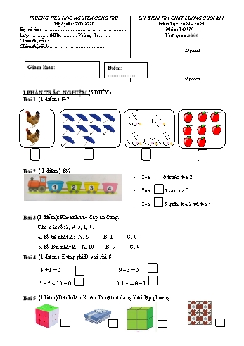 Đề kiểm tra chất lượng cuối học kỳ I môn Toán Lớp 1 - Năm học 2024-2025 - Trường Tiểu học Nguyễn Công Trứ (Có đáp án + Ma trận)
