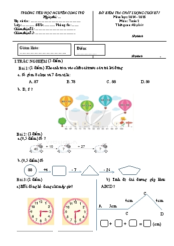 Đề kiểm tra chất lượng cuối học kỳ I môn Toán Lớp 2 - Năm học 2024-2025 - Trường Tiểu học Nguyễn Công Trứ (Có đáp án + Ma trận)