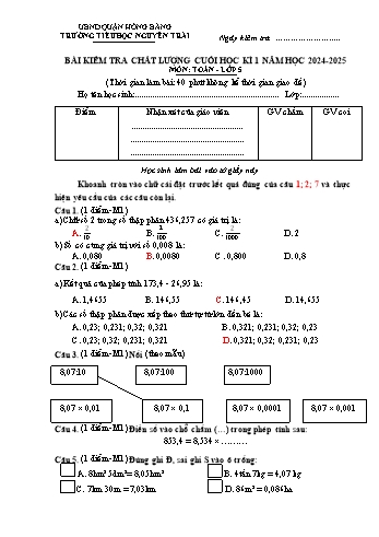 Đề kiểm tra chất lượng cuối học kỳ I môn Toán Lớp 5 - Năm học 2024-2025 - Trường Tiểu học Nguyễn Trãi (Có đáp án)