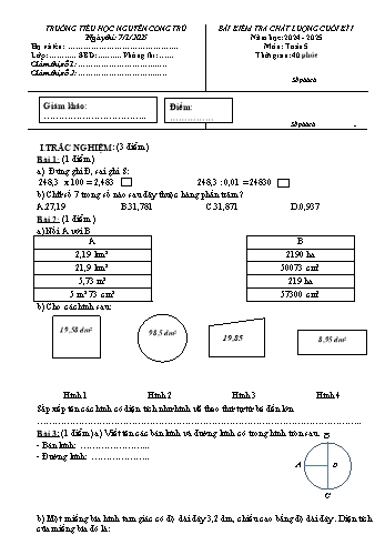 Đề kiểm tra chất lượng cuối học kỳ I môn Toán Lớp 5 - Năm học 2024-2025 - Trường Tiểu học Nguyễn Công Trứ (Có đáp án)
