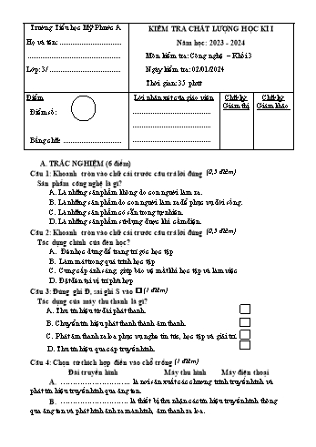 Đề kiểm tra chất lượng học kỳ I Công nghệ Khối 3 - Năm học 2023-2024 - Trường Tiểu học Mỹ Phước A (Có đáp án + Ma trận)