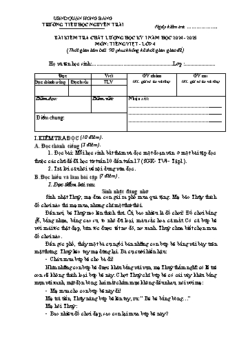 Đề kiểm tra chất lượng học kỳ I môn Tiếng Việt 4 - Năm học 2024-2025 - Trường Tiểu học Nguyễn Trãi (Có đáp án)