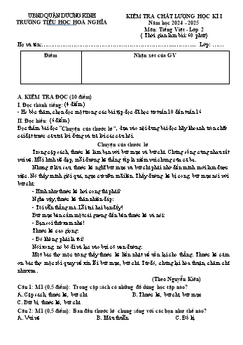 Đề kiểm tra chất lượng học kỳ I môn Tiếng Việt Lớp 2 - Năm học 2024-2025 - Trường Tiểu học Hòa Nghĩa (Có đáp án)