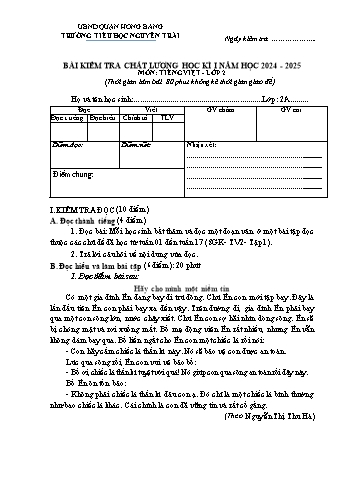 Đề kiểm tra chất lượng học kỳ I môn Tiếng Việt Lớp 2 - Năm học 2024-2025 - Trường Tiểu học Nguyễn Trãi (Có đáp án)