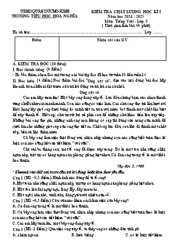 Đề kiểm tra chất lượng học kỳ I môn Tiếng Việt Lớp 3 - Năm học 2024-2025 - Trường Tiểu học Hòa Nghĩa (Có đáp án)
