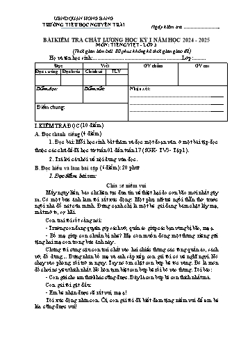 Đề kiểm tra chất lượng học kỳ I môn Tiếng Việt Lớp 3 - Năm học 2024-2025 - Trường Tiểu học Nguyễn Trãi (Có đáp án)