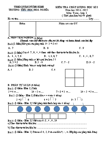 Đề kiểm tra chất lượng học kỳ I môn Toán Lớp 1 - Năm học 2024-2025 - Trường Tiểu học Hòa Nghĩa (Có đáp án)
