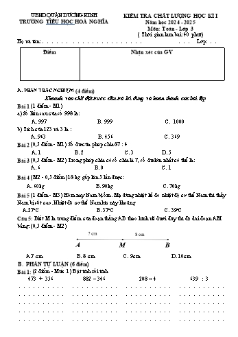 Đề kiểm tra chất lượng học kỳ I môn Toán Lớp 3 - Năm học 2024-2025 - Trường Tiểu học Hòa Nghĩa (Có đáp án)