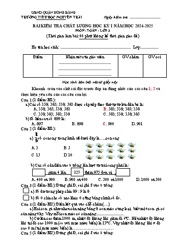 Đề kiểm tra chất lượng học kỳ I môn Toán Lớp 3 - Năm học 2024-2025 - Trường Tiểu học Nguyễn Trãi (Có đáp án)