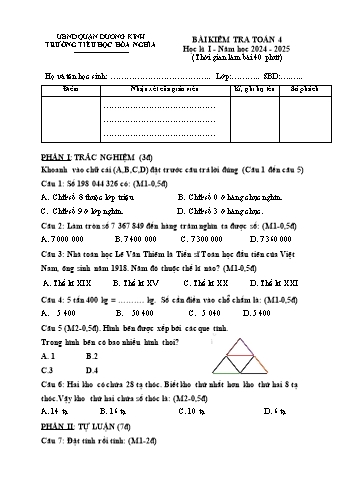 Đề kiểm tra chất lượng học kỳ I môn Toán Lớp 4 - Năm học 2024-2025 - Trường Tiểu học Hòa Nghĩa (Có đáp án)
