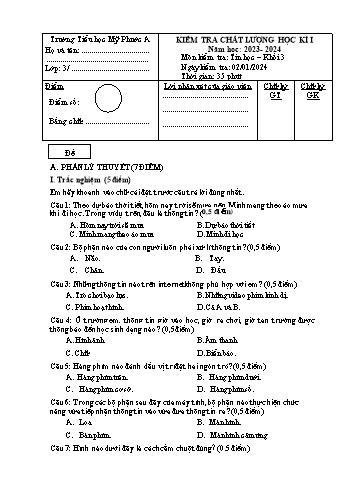 Đề kiểm tra chất lượng học kỳ I Tin học Khối 3 - Năm học 2023-2024 - Trường Tiểu học Mỹ Phước A (Có đáp án + Ma trận)