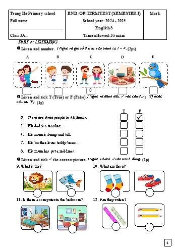 Đề kiểm tra cuối học kì I môn Tiếng Anh Lớp 3 - Năm học 2024-2025 - Trường Tiểu học Trung Hà (Có đáp án + Ma trận)
