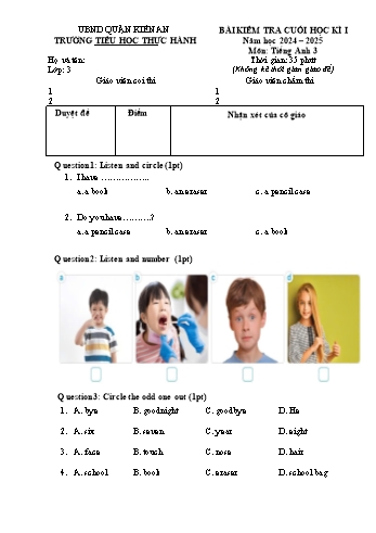 Đề kiểm tra cuối học kì I môn Tiếng Anh Lớp 3 - Năm học 2024-2025 - Trường Tiểu học Thực Hành (Có đáp án)