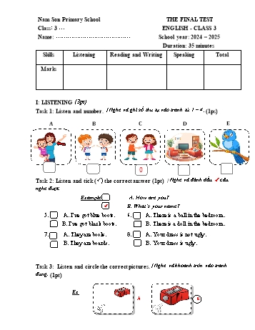 Đề kiểm tra cuối học kì I môn Tiếng Anh Lớp 3 - Năm học 2024-2025 - Trường Tiểu học Nam Sơn (Có đáp án + Ma trận)