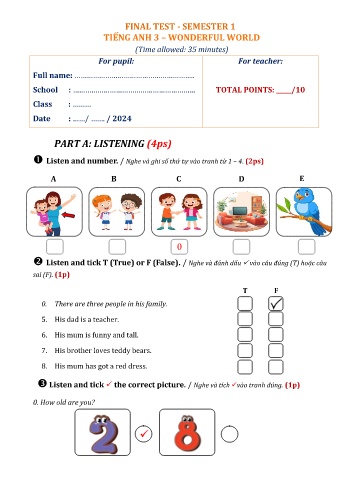 Đề kiểm tra cuối học kì I môn Tiếng Anh Lớp 3 (Wonderful World) - Năm học 2024-2025 - Trần Thị Lai (Có đáp án + Ma trận)