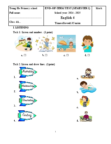 Đề kiểm tra cuối học kì I môn Tiếng Anh Lớp 4 - Năm học 2024-2025 - Trường Tiểu học Trung Hà (Có đáp án + File nghe)