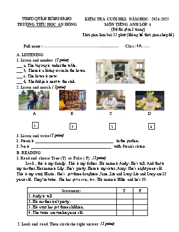 Đề kiểm tra cuối học kì I môn Tiếng Anh Lớp 4 - Năm học 2024-2025 - Trường Tiểu học An Hồng (Có đáp án + Ma trận)