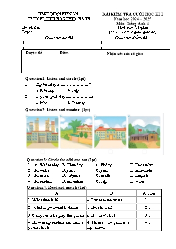 Đề kiểm tra cuối học kì I môn Tiếng Anh Lớp 4 - Năm học 2024-2025 - Trường Tiểu học Thực Hành (Có đáp án)