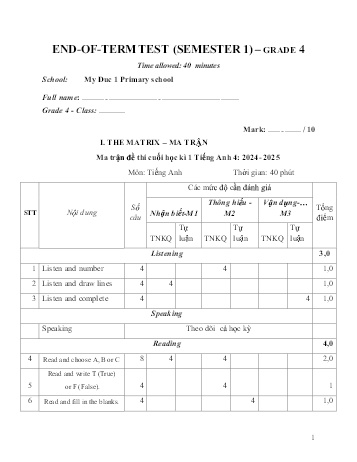 Đề kiểm tra cuối học kì I môn Tiếng Anh Lớp 4 - Năm học 2024-2025 - Trường Tiểu học Mỹ Đức 1 (Có đáp án)