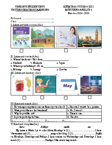 Đề kiểm tra cuối học kì I môn Tiếng Anh Lớp 4 - Năm học 2024-2025 - Trường TH&THCS Tân Phong (Có đáp án)