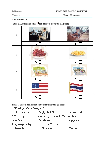 Đề kiểm tra cuối học kì I môn Tiếng Anh Lớp 4 - Trường Tiểu học Bát Tràng (Có đáp án)