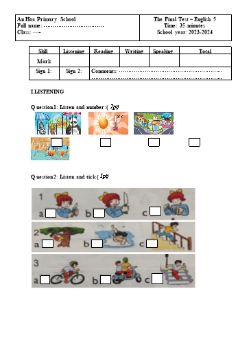 Đề kiểm tra cuối học kì I môn Tiếng Anh Lớp 5 - Năm học 2024-2025 - Trường Tiểu học An Hòa (Có đáp án)
